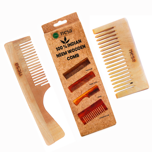 Nesa Neem Wood Comb Combo – Handle Comb + Shampoo Comb for Complete Natural Hair Care