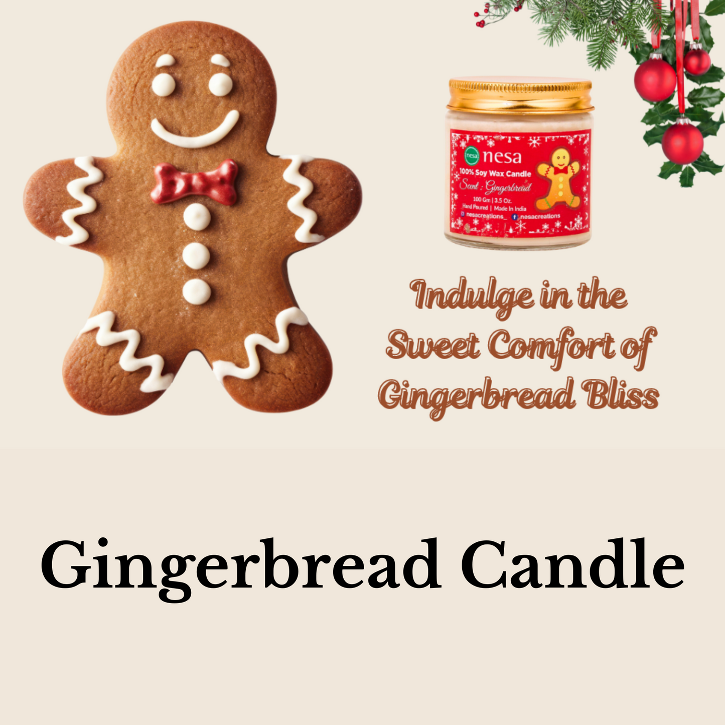 Nesa Christmas Special Premium Scented Candle - Gingerbread Scent | 100% Soy Wax | 100g | Long-Lasting Aroma | Perfect Holiday Gift | Eco-Friendly | Natural Soy Candle