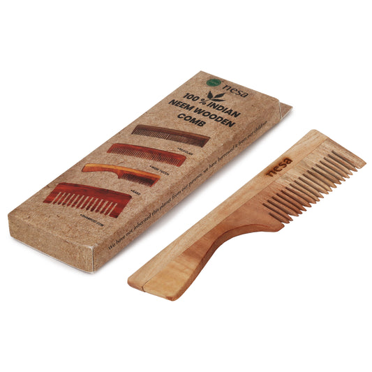 Nesa Neem Wood Comb - Brown Wide Tooth Comb with Handle | Control Hair Fall & Dandruff | Promotes Healthy & Beautiful Hair - Natural Hair Care Solution