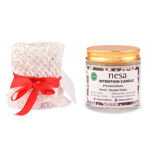 Nesa Intention Crystal Candle for Protection | 100% Soy Wax | Sandal Cedar Scent | White Colour | Spell and Ritual Candle-100 g