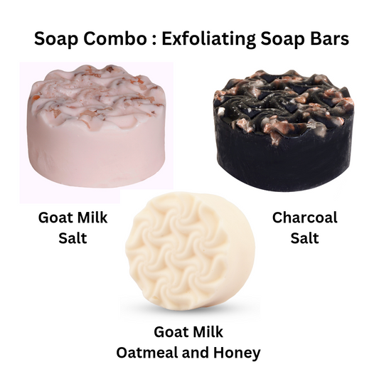 Ultimate Exfoliation Soap Combo: Charcoal Salt, Goat Milk Salt and Goat Milk, Oatmeal & Honey (100g Each)